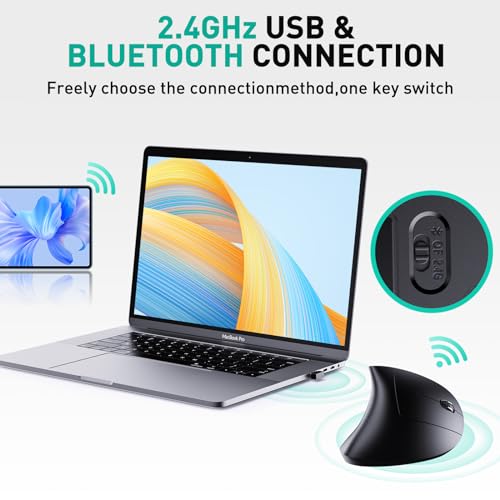 JYKEYMOUT Bluetooth and 2.4G (2-in-1) Rechargeable Wireless Mouse, Ergonomic Vertical Design, 1000/1200/1600 DPI, 6 Silent...