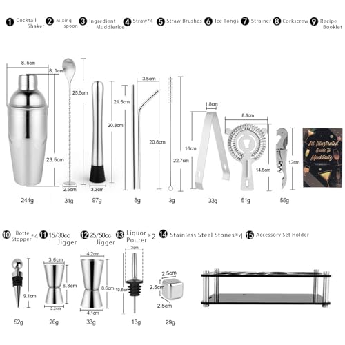 25-Piece Cocktail Shaker Set, Stainless Steel Bartender Kit with Acrylic Stand & Cocktail Recipes Booklet, Professional Ba...