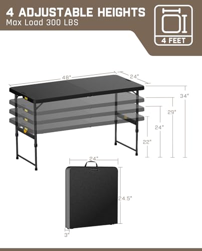 FanttikOutdoor 4ft Portable Folding Table, One-Handed Height Adjustment, 4 Heights, Gravity Lock, Carry Handle, Indoor Out...