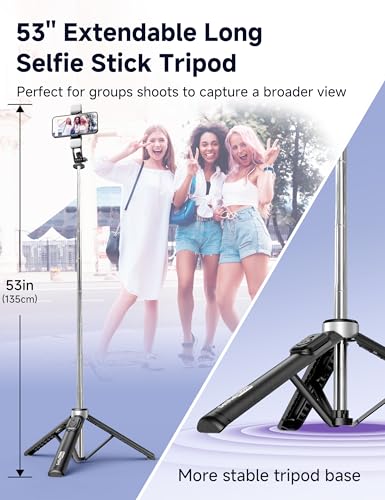 53'' Selfie Stick Tripod with Light, Extendable Selfie Stick with Remote, Portable Cell Phone Tripod Stand with All in 1 P...