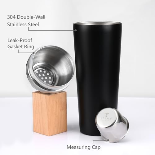 Etens Insulated Cocktail Shaker Black - 23oz Double Wall Vacuum Stainless Steel Martini Shaker with Built-in Strainer & Ji...