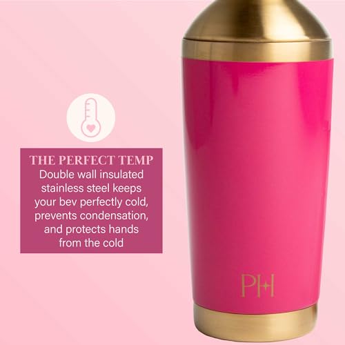 Paris Hilton 2-Piece Cocktail Shaker Set, Double Wall Insulated Stainless Steel Mixer with Built-In Strainer and Double-Si...