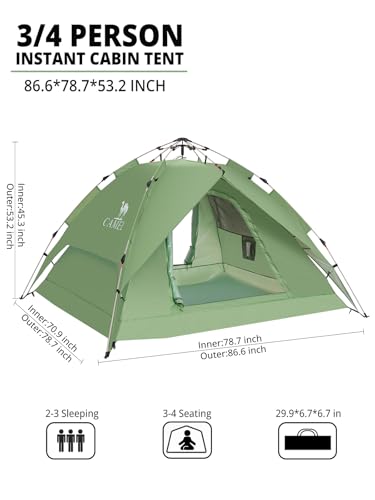 CAMEL CROWN Instant Tent for 3-4 Person, Waterproof & Sun Protection Family Camping Tent, Sets Up in 30 Seconds, Lightweig...