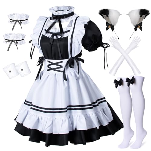 Wannsee Anime French Maid Apron Lolita Fancy Dress Cosplay Costume Furry Cat Ear Gloves Socks set(M)