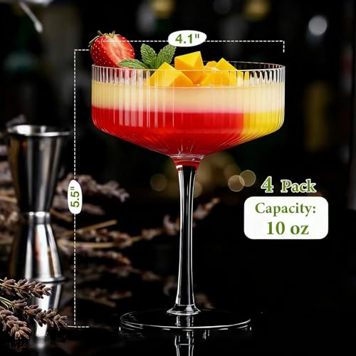 4 Pcs Ribbed Coupe Glasses, 10 oz Large Vintage Martini Glass Set, Unique Margarita Glass, Classic Cocktail Galssware, Rib...