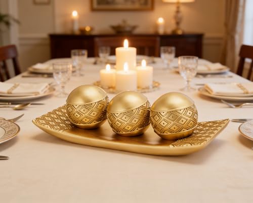 Artconal Golden Spheres Orbs Set of 3 with Tray for Centerpiece Table Decoration, Golden Accent Center Piece for Home Dini...