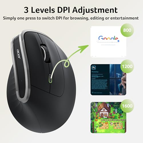 acer Ergonomic Mouse Wireless, Vertical Computer Mouse for Office, Ergo Mice Rechargeable for Right Hand, 2.4GHz USB Recei...