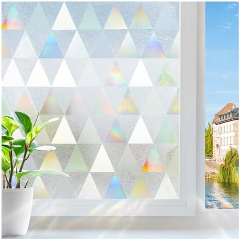 rabbitgoo Window Privacy Film, Stained Glass Rainbow Privacy Clings for Glass Window, Static Cling Decorative Door Covering, Non-Adhesive UV Blocking, Multicolored, 35.4 x 157.4 inches