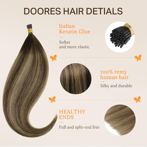 DOORES I Tip Hair Extensions, Balayage Chocolate Brown to Caramel Blonde 50g/50s 24 Inch, Itip Extensions Human Hair For Women Human Hair Cold Fusion Hair Extensions Straight Itip Extensions