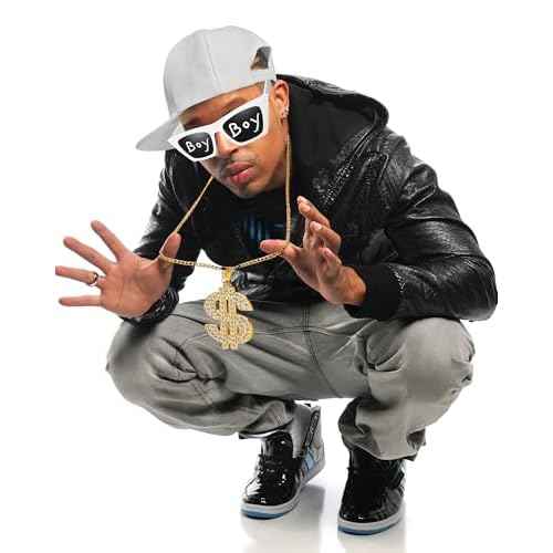 Yahenda 4 Pcs Halloween 80s 90s Hip Hop Costume Accessories Kit Rapper 2000s Sunglasses Hat Chain Outfit for Adults