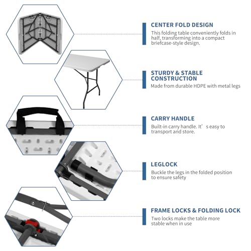 USEFULTEK 6 ft Foldable Plastic Table for Display, Camping, Party, Dining, Barbecue, Picnic with Carrying Handle - White