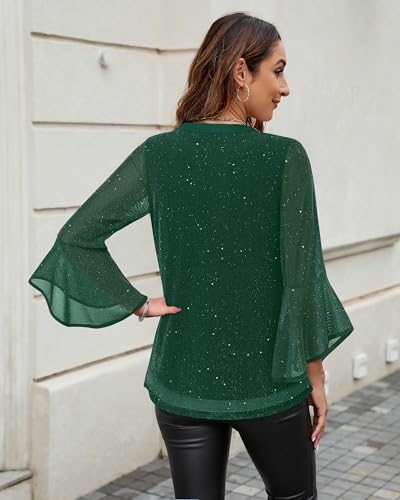 VALOLIA Women's 3/4 Sleeve Dressy Blouses Shirts Casual Loose Fit Mesh Layered Flowy Tunic Tops