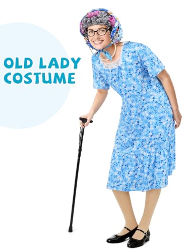 SOMSOC 7 Pieces Women Old Lady Costume with Dress Wig Headscarf Glasses Stockings Cane for Halloween, 100 Days of School
