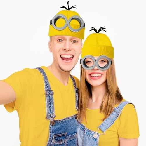 3 Pcs Halloween Costume Accessories Adult,Goggles Glasses/Yellow Beanie/Gloves for Men Women Cosplay Party Set