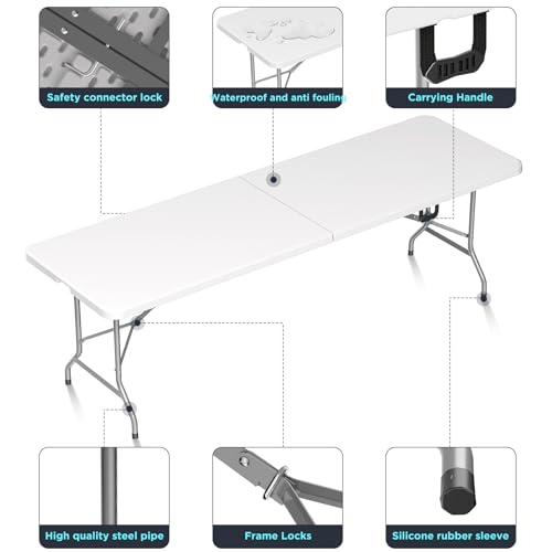 HLPB Folding Table Picnic Table, 8 ft Portable Camping Table with Handle and Safety Locks, Foldable Table Plastic Dining T...