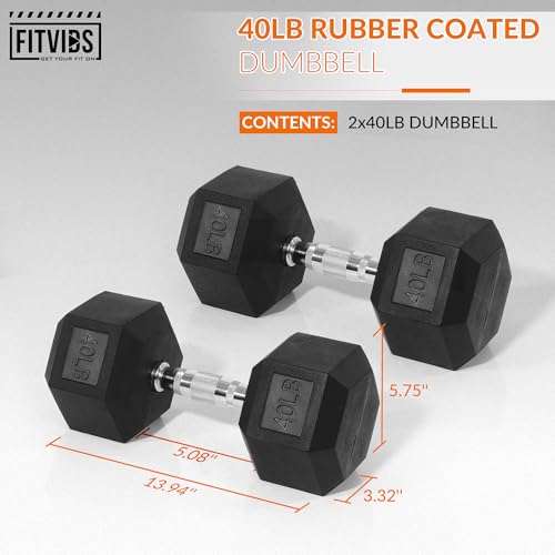 Fitvids Rubber Encased Hex Dumbbell, Hand Weights with Anti-Slip Cast Iron Grip for Exercise & Fitness, Weights Dumbbells Set of 2 for Strength Training, 5-50 LBS Pair