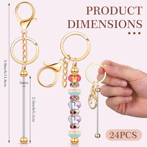 Tondiamo 24 Pcs Beadable Keychain Bars Bulk Beads for Keychain Making Kit Gifts for Women Men DIY Crafts(Gold)