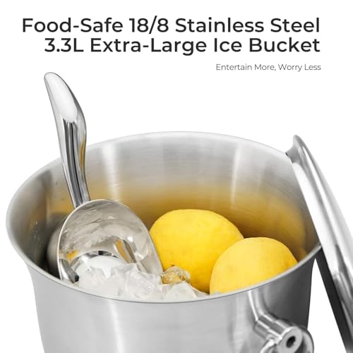 Fortune Candy Insulated Ice Bucket, 3.3 L, Double Walled 18/8 Stainless Steel Ice Bucket with Ice Tongs and Lid