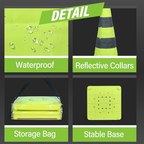 RoadHero 28 Inch 4 Pack Collapsible Traffic Safety Cones, Lime Green Pop-up Cones with Reflective Collar for Road Safety, ...