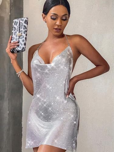 Falainetee Women's Metallic V Neck Backless Chain Cami Party Dress