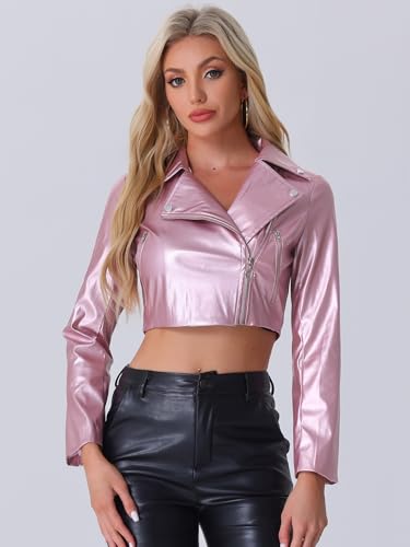 Women's Faux Leather Long Sleeve Zipper Up Moto Cropped Jacket