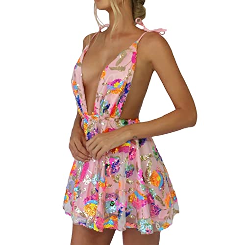 Women's Sequin Dress Sexy Sparkly Floral Summer Backless Deep V Low-Cut Shiny Strap Mini Dress for Party Cocktail Clubwear