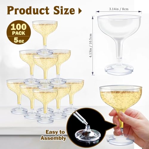 KYAPCK 100 Pcs Plastic Champagne Coupe Glasses for Parties, 5 oz Disposable Champagne Glasses Unbreakable Acrylic Martini ...