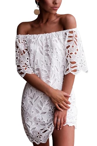 PRETTYGARDEN Women's Summer Off Shoulder Dresses Floral Lace Flare Short Sleeve Spring Vintage Elegant Mini Dress