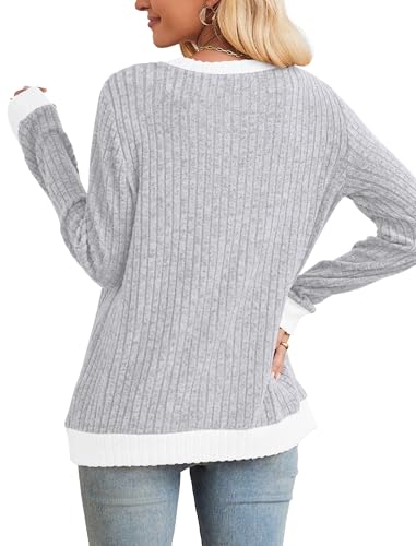 Sampeel Womens Tops Long Sleeve Shirts Lightweight Sweaters Loose Fit Crewneck Color Block Fall Fashion Outfits