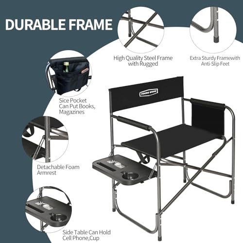 YOUNG WOOD Camping Directors Chair, Lightweight Oversized Portable Folding Chair with Side Table and Storage Pockets for O...