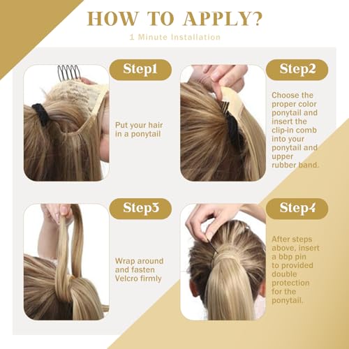 Ve Sunny Ponytail Extension Real Human Hair for Women Clip in Ponytail Hair Extension Straight Hair Pieces Wrap Around Dark Brown Mix Medium Brown Highlights Brown Balayage 16inch 80G