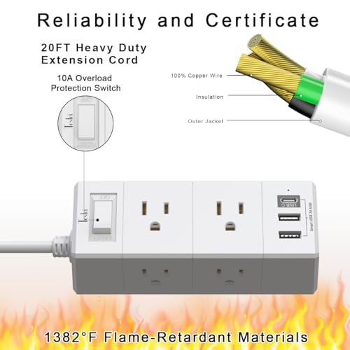 20Ft Extension Cord Flat Plug Power Strip - Tcstei 3-Side Outlet Extender with 6 AC Outlets and 3 USB Ports (1 USB C), Com...