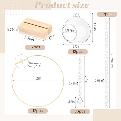 Leinuosen 12 Pack 12'' Metal Floral Hoop Centerpieces Set with Wooden Stand, Hanging Candle Holder, Acrylic Crystal Pendan...