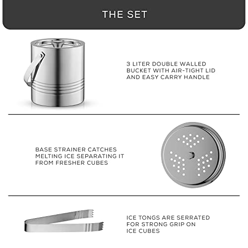 JoyJolt Metal Double Wall Ice Bucket with Lid, Ice Tongs and Strainer. 3L Insulated Ice Bucket for Cocktail Bar, Wine, Hom...