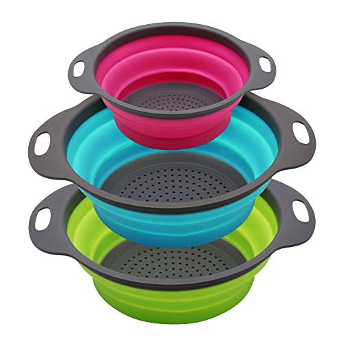 Qimh Collapsible Colander Set of 3 Round Silicone Kitchen Strainer Set - 2 pcs 4 Quart and 1 pcs 2 Quart- Perfect for Drai...