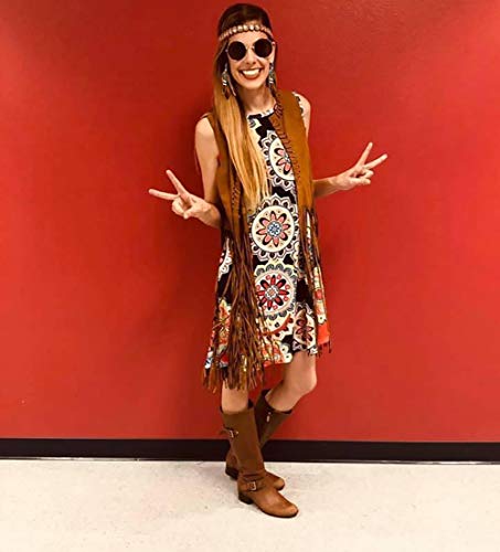 EVISWIY 60s 70s Outfits for Women Disco Hippie Costume Clothes Woman Cowgirl 70s Costume Tops Women Fringe Hippie Vest Brown