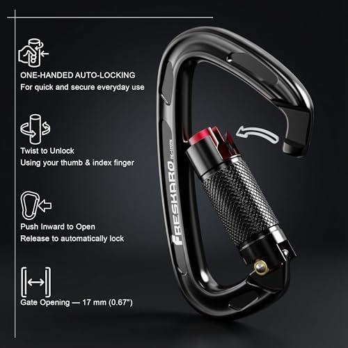 FresKaro UIAA Certified 25KN Auto Locking Climbing Carabiner Clips, Twist Lock, and Heavy Duty Carabiners for Rock Climbin...