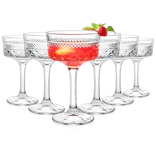 6 Pcs Ribbed Coupe Glasses, 10 oz Vintage Cocktail Coupe Glasses Set, Unique Martini Glass, Classic Galssware, Bar Drinkin...