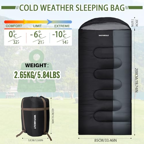 WKFAMOUT XL 10 Degree Sleeping Bags Waterproof for Adults 350GSM Machine Washable with Compression Sack for 3-4 Season Cam...