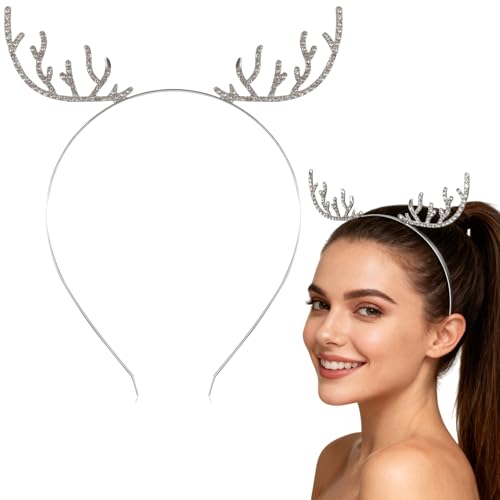 HIFANMM Christmas Headband Metal Deer Antler Hair Band for Women Girls, Shiny Rhinestone Headbands Winter Silver Reindeer ...