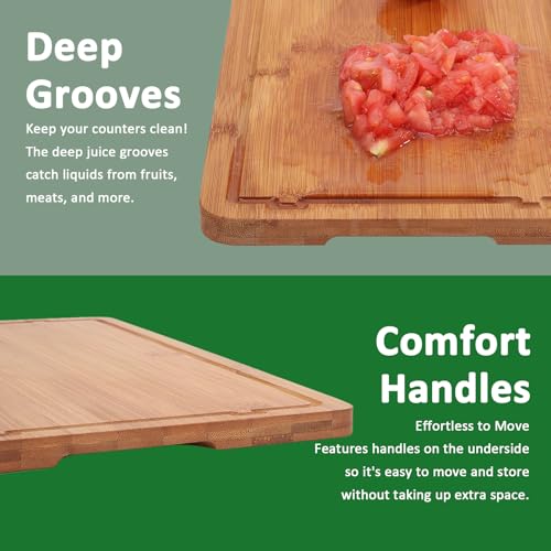 ZHESONOM Bamboo Cutting Boards Set, Organic Bamboo Cutting Board with Deep Juice Grooves & Built-in Handles for Meat, Vegetables, and Cheese Ideas Kitchen Gift for Home Cooks