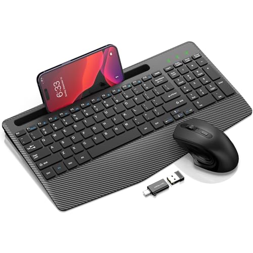Wireless Keyboard and Mouse Combo, Ergonomic Keyboard with Wrist Rest, Phone Holder, Sleep Mode, 2.4G Lag-Free Rechargeabl...