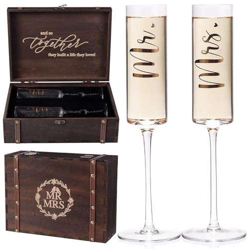 Physkoa Engagement Gifts for Couples-Toasting Mr and Mrs Champagne Glasses with Keepsake Box– Bride and Groom Champagne Fl...