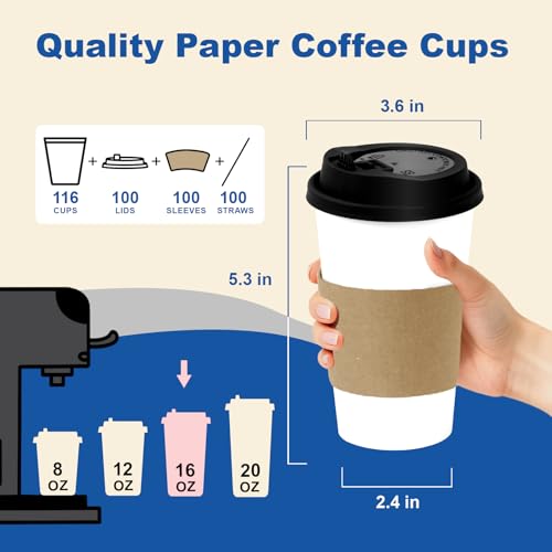 16 oz Coffee Cups + 16 Extra Cups Bulk Disposable To-Go Paper Cups with Lids and Sleeves for Hot Beverage, Chocolate, Coco...