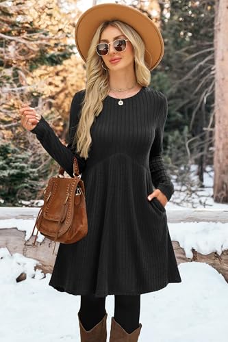 OFEEFAN Long Sleeve Dress for Women Crew Neck Empire Waist Tunic Dress with Pockets