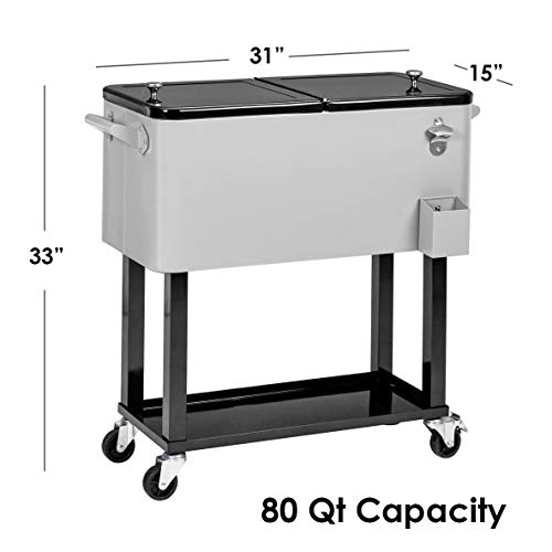 80 Quart Qt Rolling Cooler Ice Chest for Outdoor Patio Deck Party, Grey, Portable Party Bar Cold Drink Beverage Cart Tub, ...