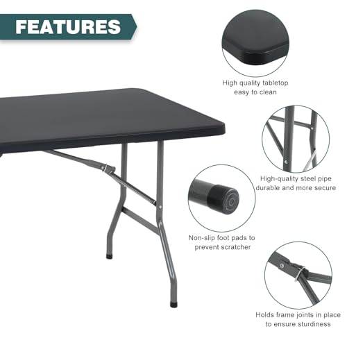 FDW 6 Foot Outdoor Dining Table, Foldable Portable Rectangular Plastic Folding Table with Built in Carrying Handle for Par...