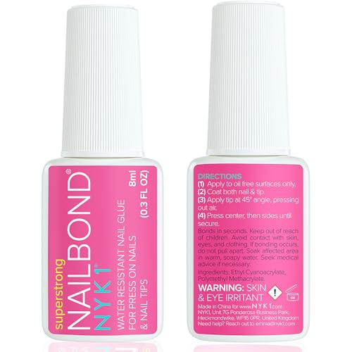 Super Strong Nail Glue for Press On Nails, Nail Tips & Acrylic Fake Nails (8ml) NYK1 NailBond Brush On Glue for Press Ons, Tips & Acrylics - Long Lasting, Maximum Strength, Mess-Free Application