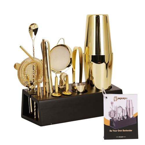 JWJIUEJIU Cocktail Shaker Set Bartender Kit with Bamboo Stand, 15-Piece Stainless Steel Bar Set Accessories, Professional ...