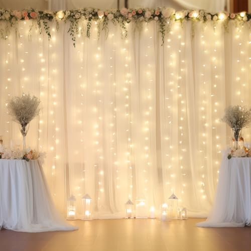10ft x 10ft Cream White Chiffon Backdrop Curtain with Lights String for Parites Wedding Wrinkle Free Curtain Photo Backdro...